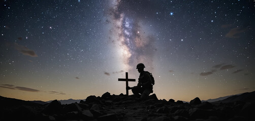 A soldier is seen kneeling beside a wooden cross in a serene landscape illuminated by a brilliant display of stars. The atmosphere conveys deep reflection and honor for fallen comrades