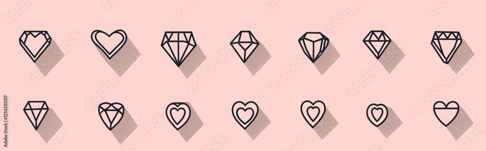 Poster a row of diamond shaped icons with hearts in the middle. simple black vector diamond icons on a whit