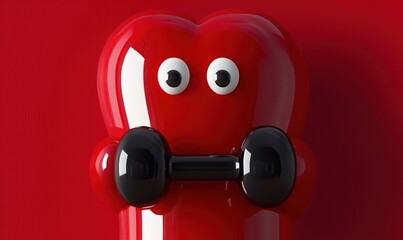 3D glossy red heart character with big cartoon eyes lifting black dumbbells on a bold red background. Playful fitness mascot with a humorous expression, exercising with small weights