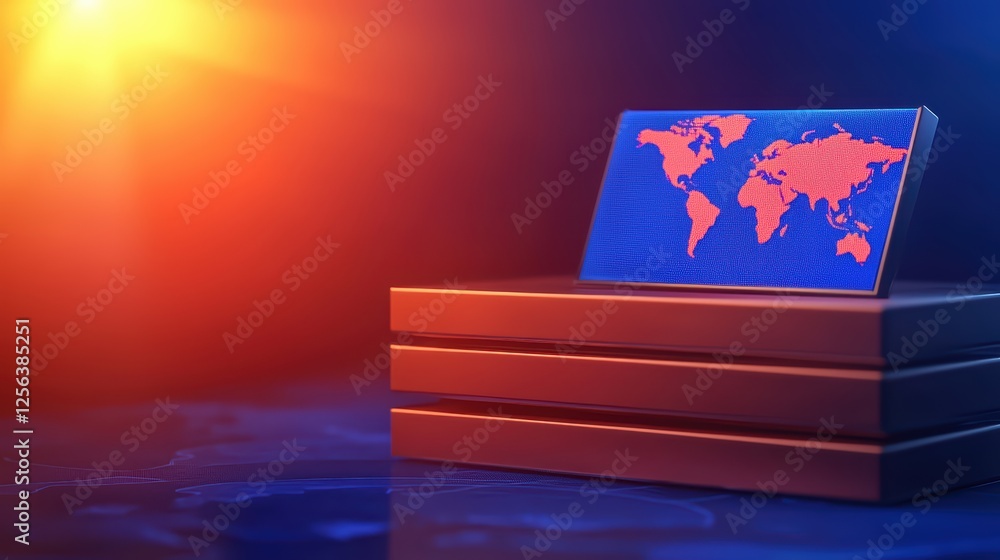 Poster digital world map on computer screen with warm color background