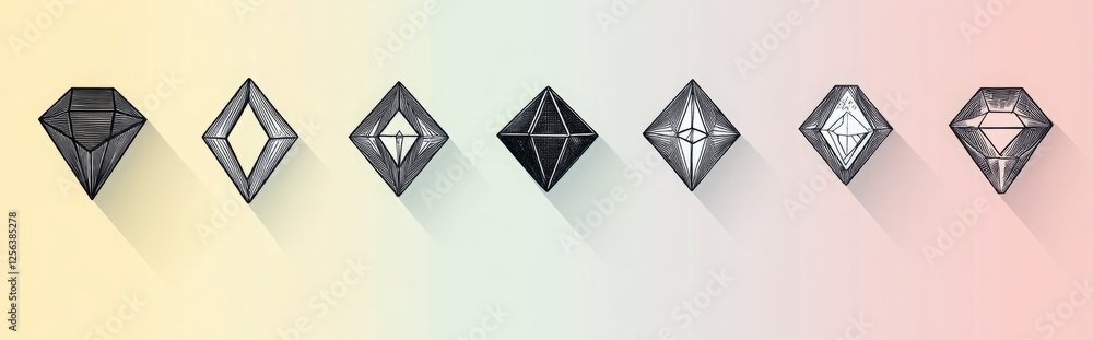 Poster a row of six diamond shapes with different angles. simple black vector diamond icons on a white back