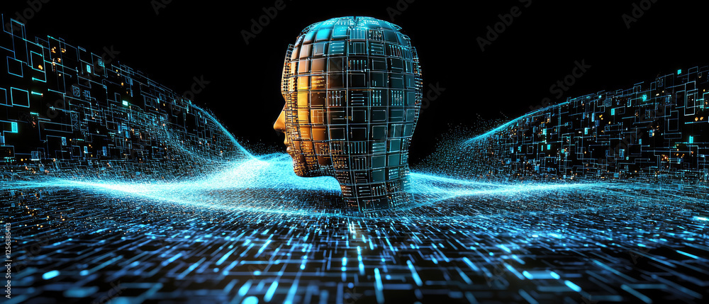 Poster futuristic digital head emerging from a flowing stream of data, symbolizing technology and innovatio