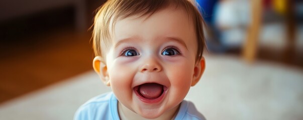 Joyful caucasian baby with brown hair smiling happily indoors