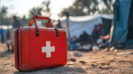 First aid in the field: A bright red first aid kit sits on the ground in a refugee camp, offering medical care and hope. A symbol of urgent assistance.