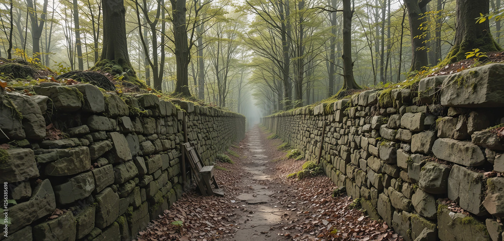 Poster a serene pathway through a dense forest is bordered by ancient stone walls. soft morning light filte