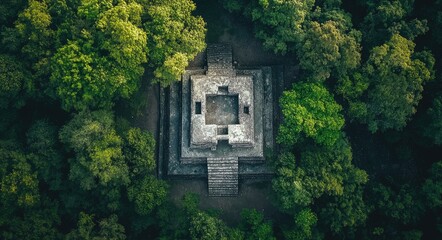 Obraz premium Bird's-Eye Perspective of Calakmul: Ancient Mayan City Ruins Amidst Lush Jungle in Campeche, Mexico