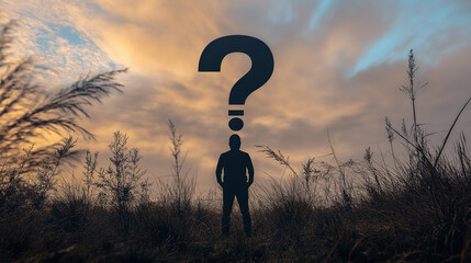 Man standing in nature looking at giant floating question mark in sky representing curiosity, mystery, decision-making, life choices, philosophical thinking, and conceptual creativity