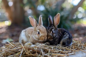 Obraz premium Fluffy Baby Rabbits Cuddled Together in Natural Outdoor Setting