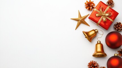 Festive Christmas Decorations with Gifts, Ornaments, and Pinecones