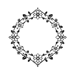Black and White Floral Wreath: Decorative circle made of flowers, leaves, and branches, a beautiful artistic detail, with a design.