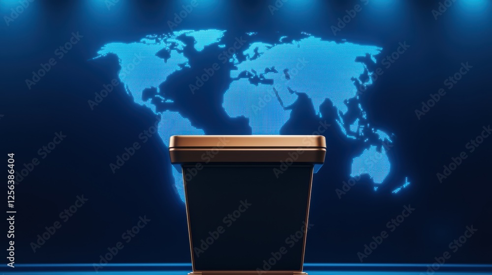 Poster modern podium with world map background for presentation and speech