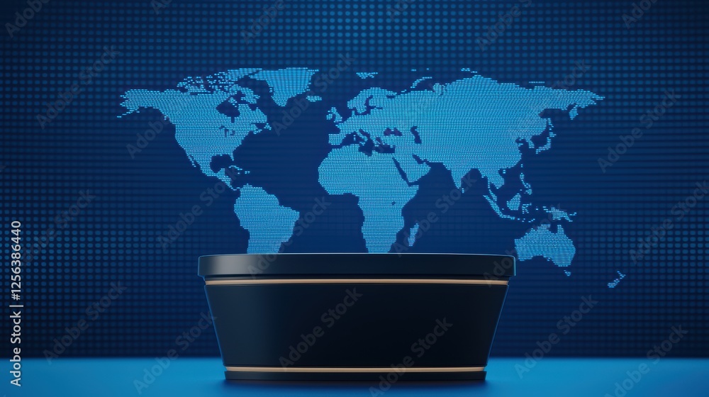 Poster modern display podium with global map background in blue theme