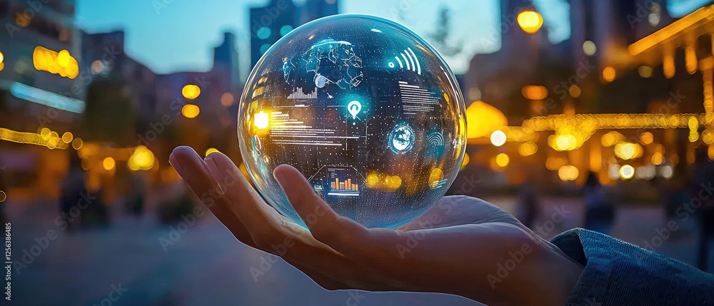 Poster a person holding a glowing globe with digital data overlays in a bustling urban evening setting