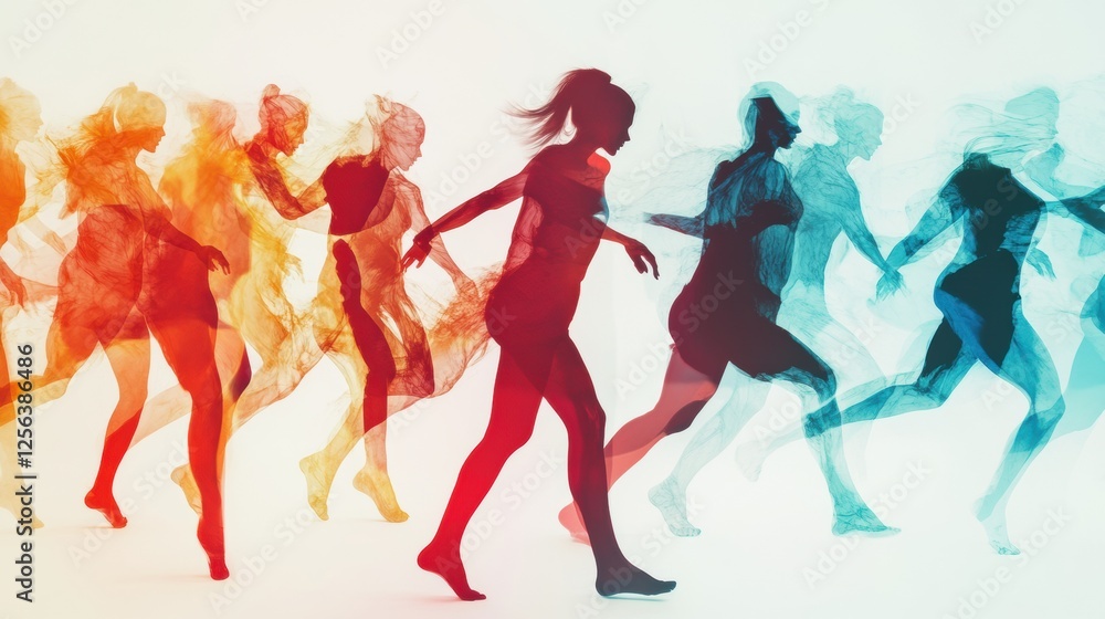 Poster dynamic dancers in motion create vibrant silhouettes against a clean white background with colorful 