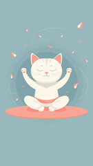 A relaxed meditating white cat sits in the lotus position under falling sakura petals. An atmosphere of calm, harmony and tranquility. Vector.

