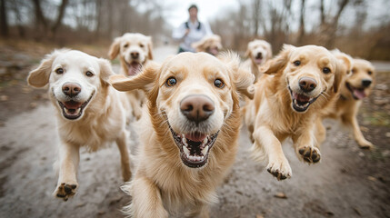 A pack of golden retrievers joyfully sprinting toward the camera on an outdoor trail, exuding energy and happiness on a leash-free excursion.