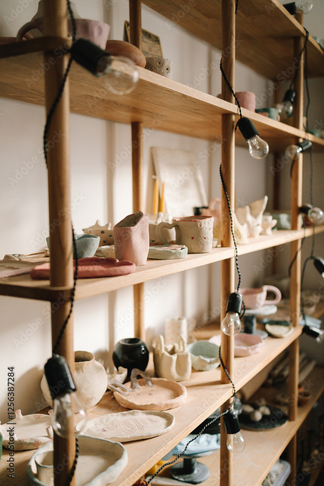 Poster Shelf with handmade clay cups and plates in the pottery studio. Creating ceramics ware with own hands.
