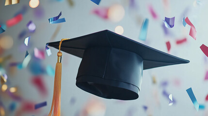 graduation cap with confetti in the air