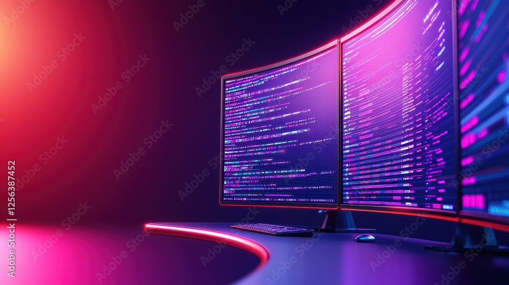Poster futuristic workstation with dual monitors and colorful code display