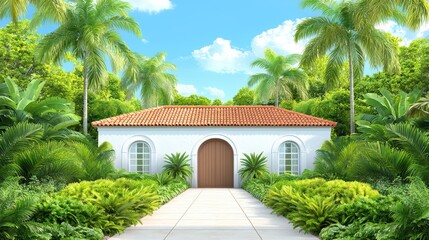 Serene Tropical Landscape with Charming House and Lush Greenery