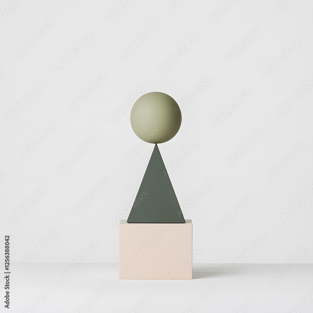 Poster geometric still life: sphere, triangle, and cube in muted pastel tones, creating a balanced and visu
