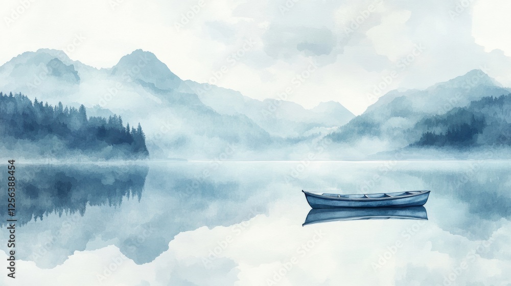Aufkleber Serene watercolor painting of a calm mountain lake with a single rowboat under a blank sky. Generative AI