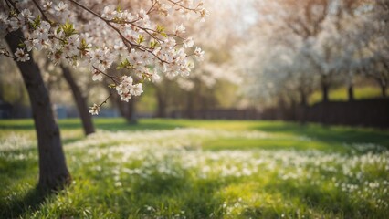 Naklejka premium Blooming cherry tree branches with blurred orchard landscape background
