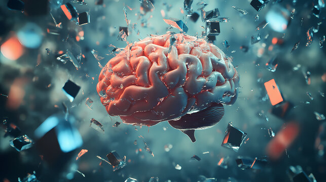Surreal floating brain surrounded by shattered glass shards, representing a fragmented reality. Shattered Realities. Illustration