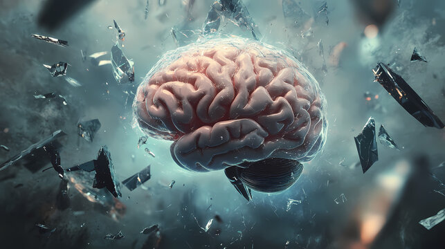 Surreal floating brain surrounded by shattered glass shards, representing a fragmented reality. Shattered Realities. Illustration