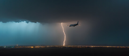 Dramatic aviation scene: A commercial airliner flies near a lightning strike over a lit city during a nighttime storm. Intense sky and electrifying moment.