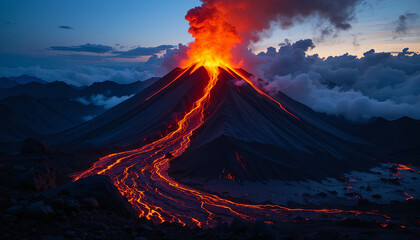 Lava flows down the steep slopes of a volcano as it erupts, sending ash clouds into the sky during a vivid sunset. The landscape is illuminated by the glowing lava