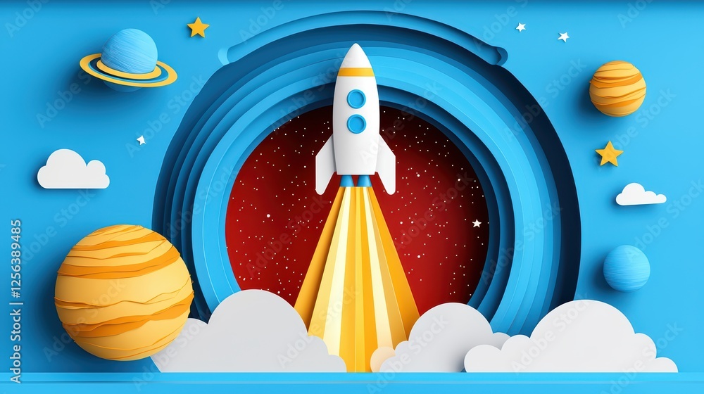 Poster colorful rocket launching into space with planets and clouds