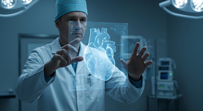 Male doctor using holographic heart projection in futuristic operating room. Advanced medical technology for cardiovascular treatment and diagnosis