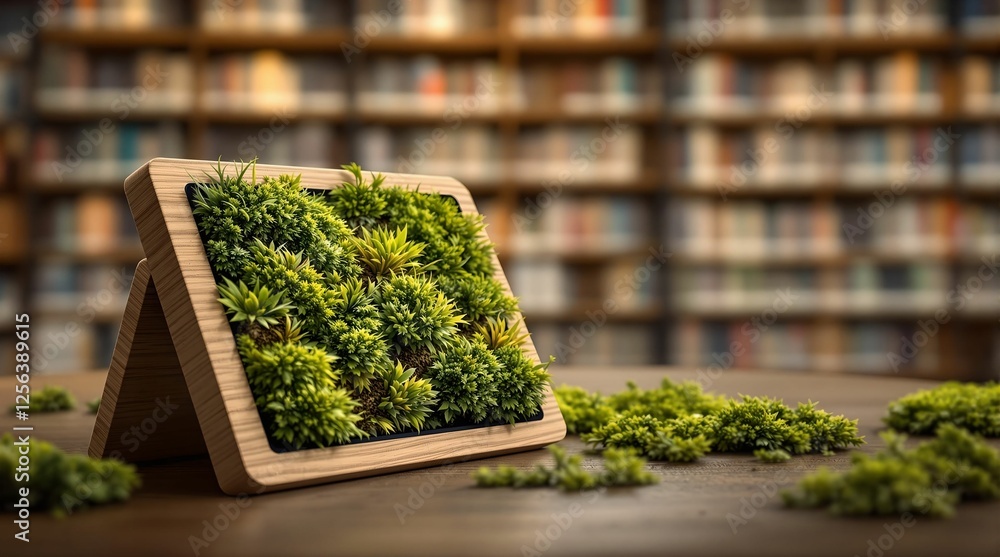 Aufkleber a wooden frame containing lush green plants placed on a surface, with a blurred background of a book