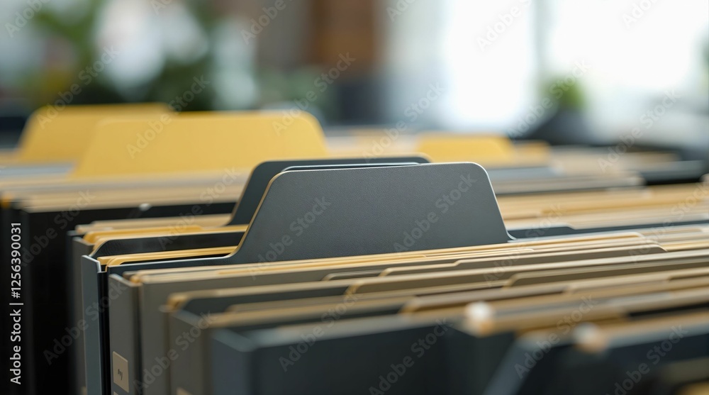 Aufkleber A close-up of a row of file folders in a row, with a blurred background that suggests an office setting. The file folders are organized in a neat stack, and the background is slightly out of focus, em