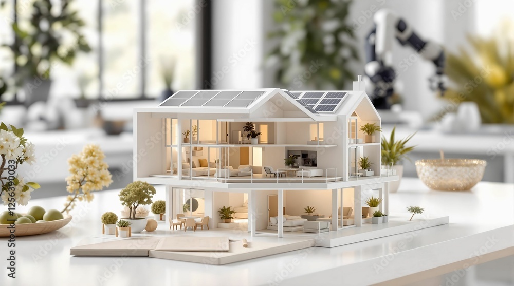 Poster a model of a house with solar panels on its roof, surrounded by potted plants on a table. the backgr