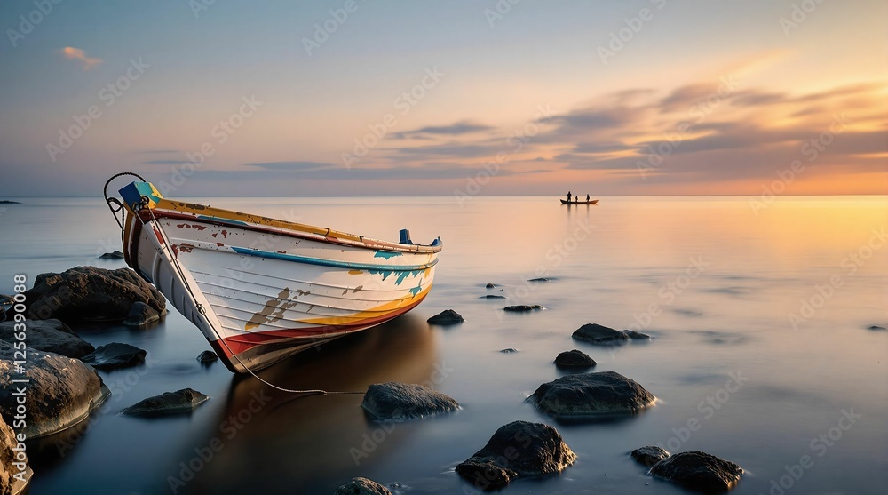 Poster a long exposure shot of a boat on the water, surrounded by rocks, with another boat in the backgroun