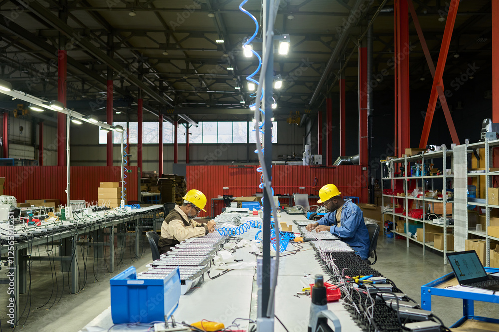 Fototapete side view of two engineers sitting by long tables in workshop of modern factory and producing new el