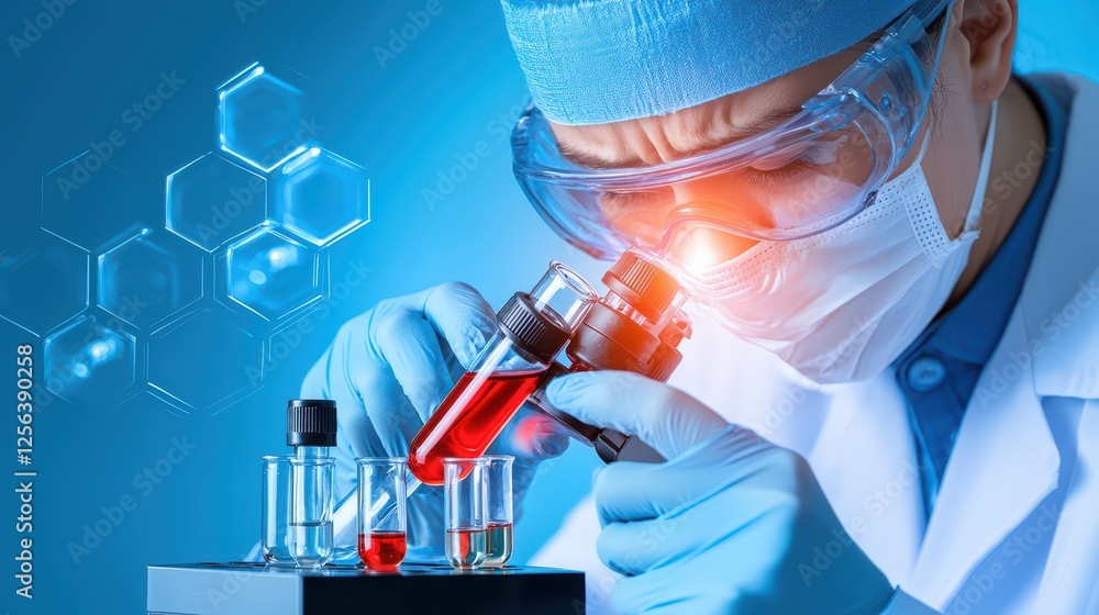 Poster scientist examining liquid sample under microscope in laboratory setting