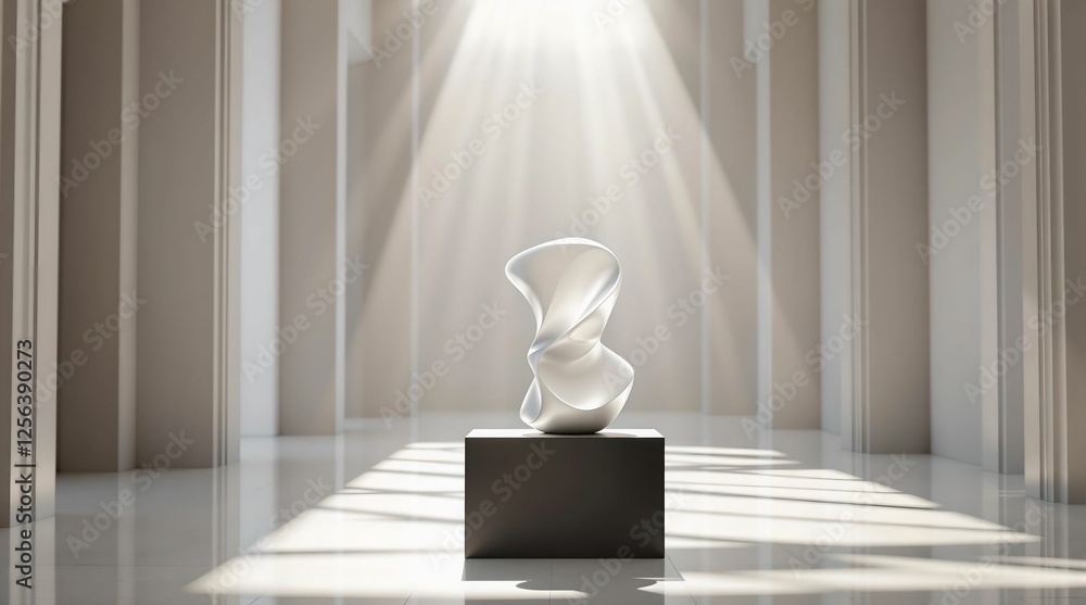 Poster a sculpture placed on a block in a room with a light source illuminating it, casting a radiant glow 