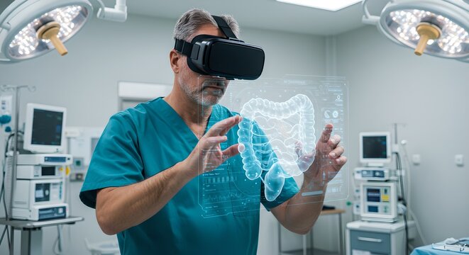 Surgeon using virtual reality headset to manipulate 3D DNA model in futuristic operating room. Medical technology and virtual surgical planning concept
