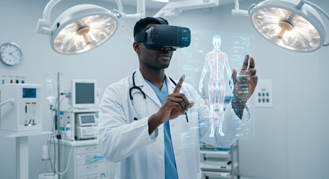 Male doctor using virtual reality headset for medical training. Futuristic healthcare technology with holographic human body in operating room
