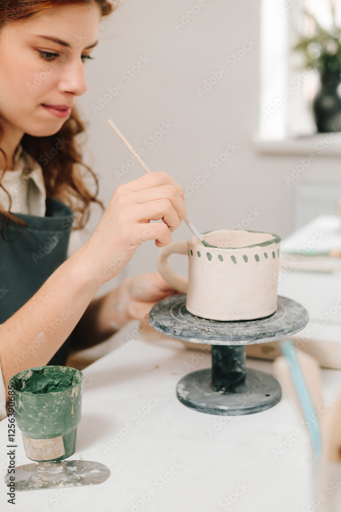 Poster painter is drawing and adding unique designs to the earthenware. artist is decorating and painting h