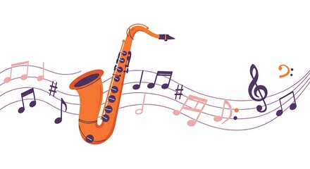 Saxophone Live Music cute hand drawn vector icon. Sax burst out musical notes minimal cartoon design element. Music Festival joyful illustration. Jazz Fest live concert event flyer, banner background