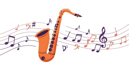 Saxophone Live Music cute hand drawn vector icon. Sax burst out musical notes minimal cartoon design element. Music Festival joyful illustration. Jazz Fest live concert event flyer, banner background