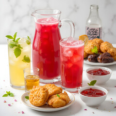 Refreshing red and yellow summer drinks with fried snacks ice cold food on transparent background