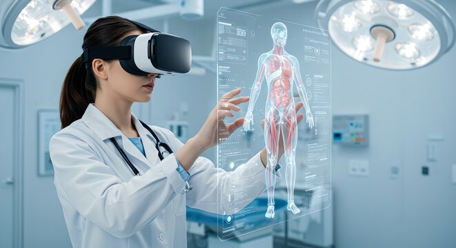 Female doctor using virtual reality headset for interactive 3D human anatomy study in futuristic medical simulation. Innovative healthcare technology