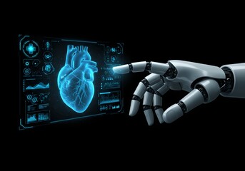 Futuristic medical technology: Robot hand examining virtual 3D human heart model on digital screen. AI in healthcare, telemedicine, and cardiology concept