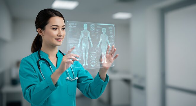 Woman doctor using futuristic holographic display for patient diagnosis. Advanced medical technology in healthcare. Digital human anatomy scan for precision medicine.