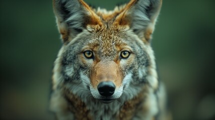 Fototapeta premium Closeup of a coyote's face with detailed fur and whiskers set against a green background